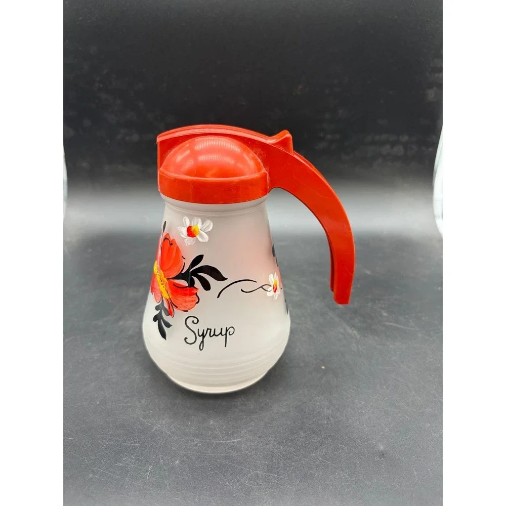 Vintage Frosted Glass Syrup Dispenser Red Floral Hand Painted Retro Kitchenware